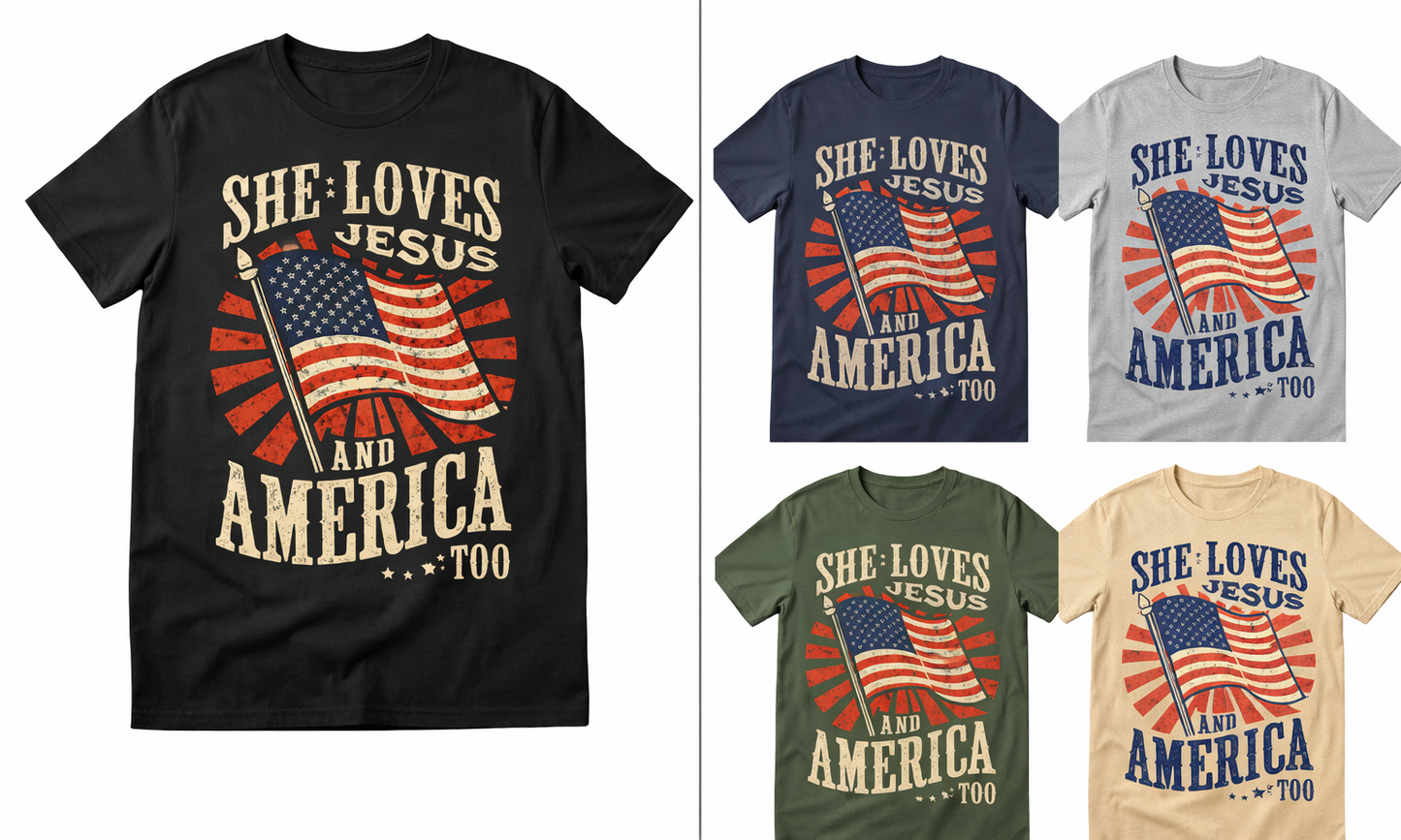 She Loves Jesus and America Too T-Shirt | Faith & Freedom Patriotic Tee